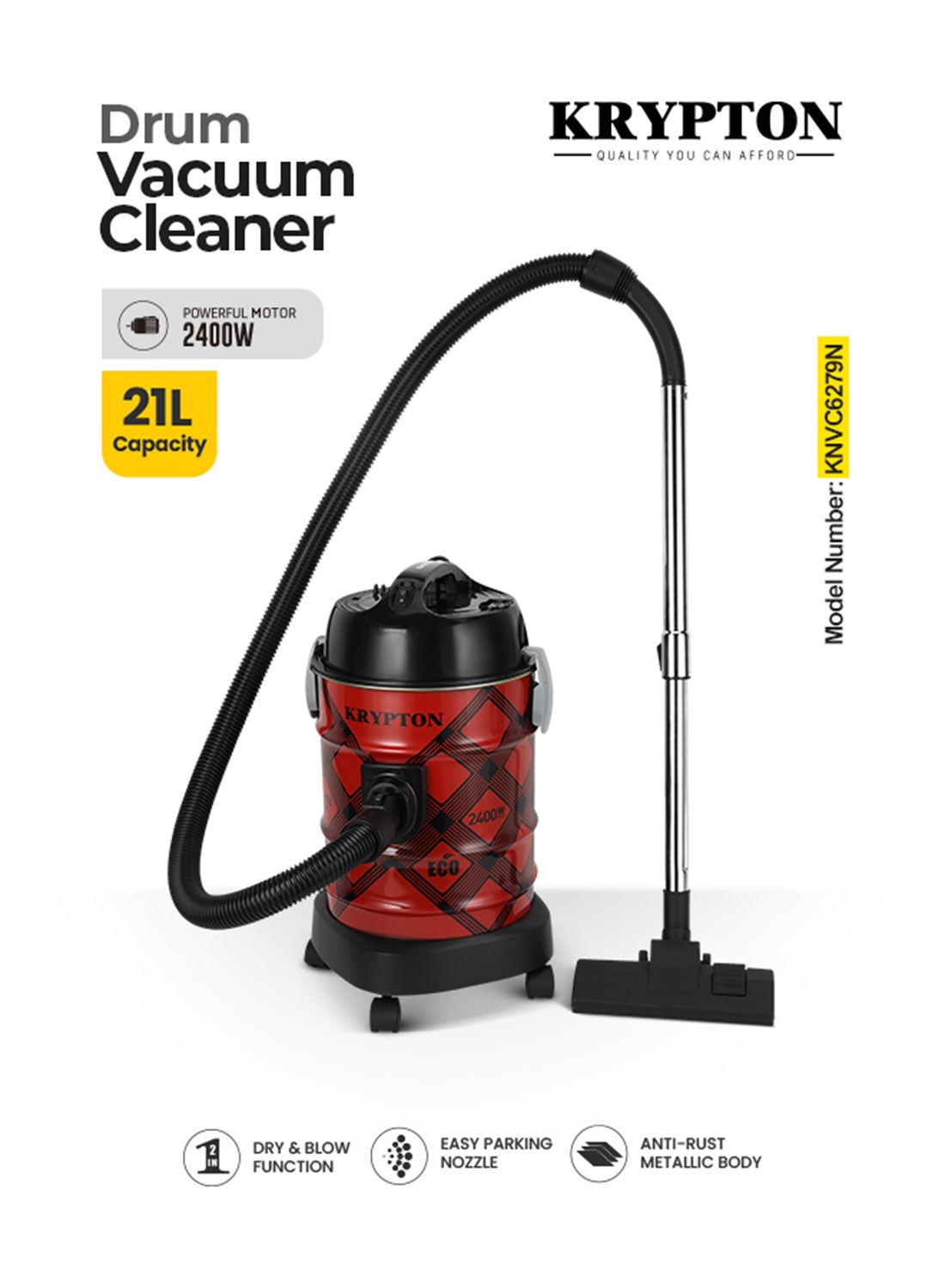 Compare Powerful Drum Vacuum Cleaner – Dry & Blow Function, Dust?Full Indicator, High?Efficiency Motor System, Air?Blowing, Spacious 21?L Capacity, Ergonomic Handle & Accessories Store 21 L 2400 W KNVC6279N BlackRed at KSA Price