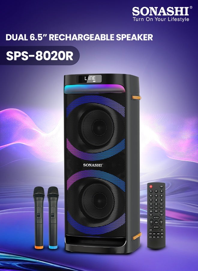 Compare Dual 6.5” Rechargeable Bluetooth Speaker 40W, 2 Wireless UHF Microphones, LED Disco Light, Karaoke, FM Radio, USBSD, TWS SPS8020R at KSA Price