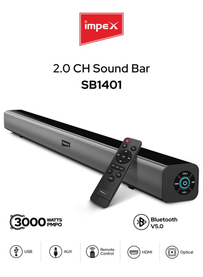 Compare 2.0CH Sound Bar  3000W PMPO Bluetooth 5.0 Sound Bar Cinema Movie with LED Display, Music Player Song Player For Home Office indoor and outdoor, Remote Control & USBAUXHDMIOptical Support, Tv Entertainment – 2 Year Warranty, SB 1401 Black SB 140 at KSA Price