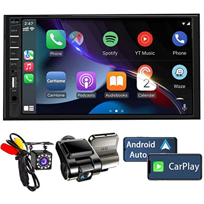 Compare Double Din Car Stereo With Dash Cam | 7Inch Touchscreen Car Radio Receivers Support With Apple Carplay & Android Auto, Bluetooth, Backup Camera, Mirror Link, Voice Control, Swc, FmUsbTfAux at KSA Price