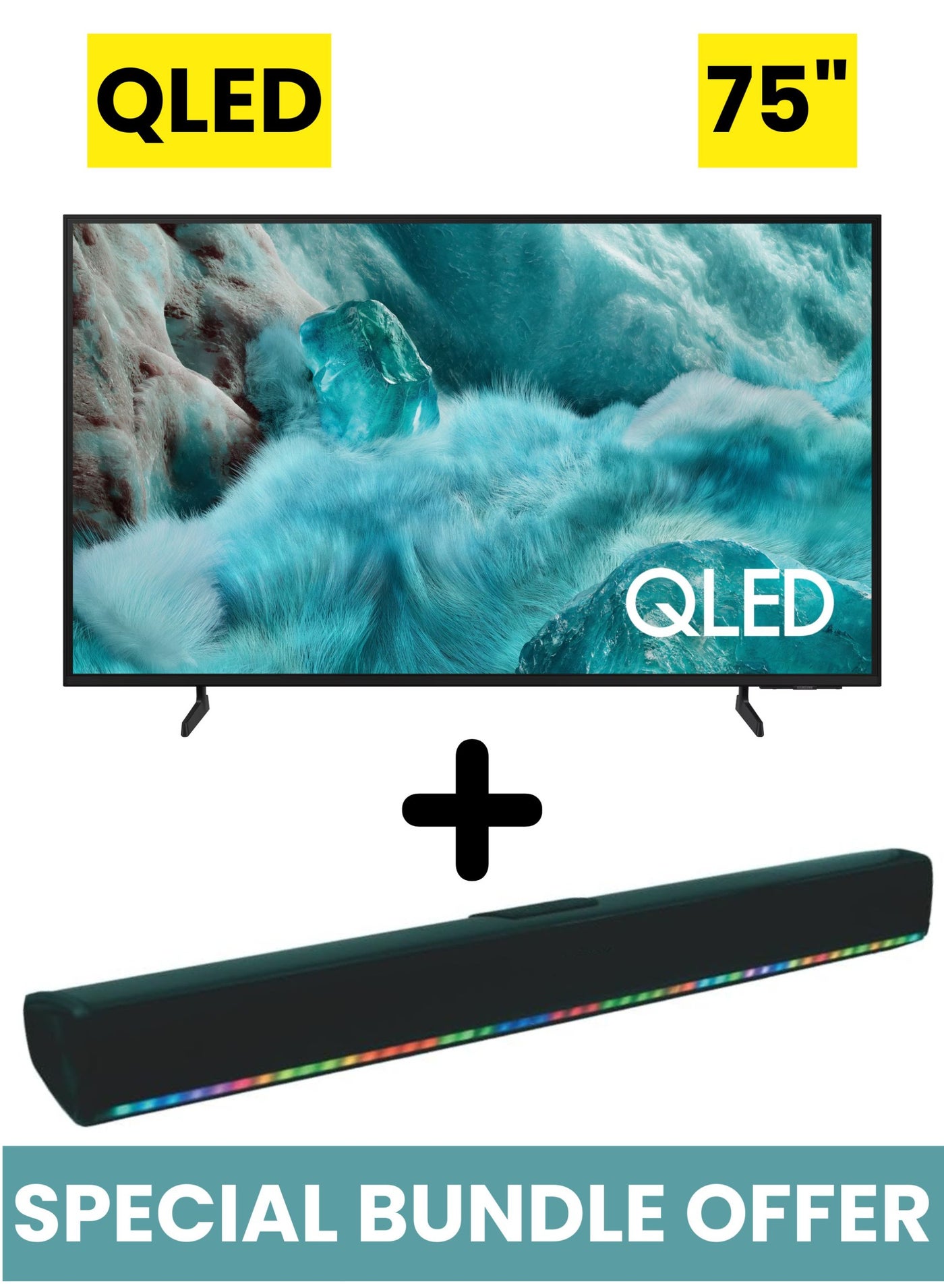 Compare 75 Inch QLED Q7F 4K Samsung Vision AI Smart TV 2025 +  2.0 Channel Portable Soundbar With Built In Battery & LED Lights | Tizen Smart TV QLED TV With Q4 AI Processor, 100% Color Volume, HDR10+, 4K AIx at KSA Price