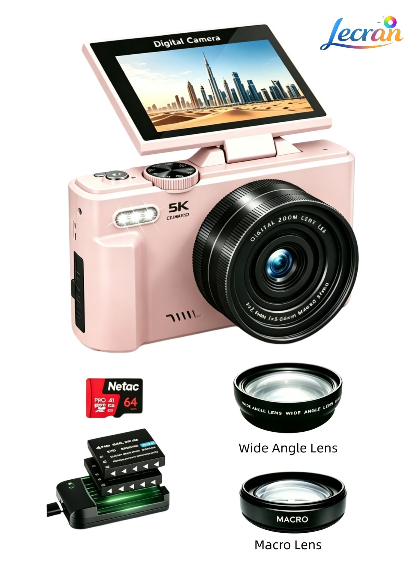5K Ultra HD Digital Camera, 75MP, Pink Metal…