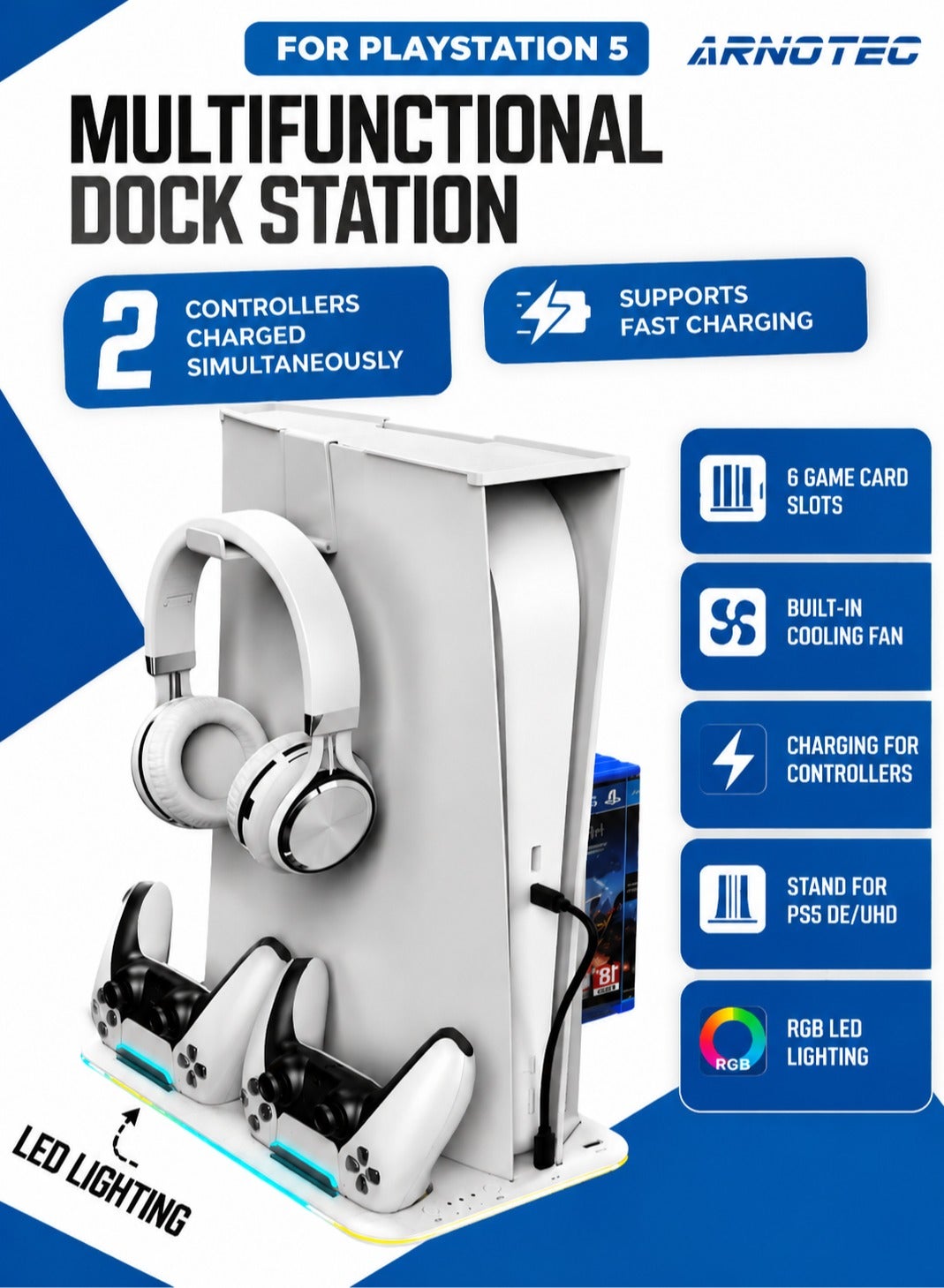 Compare PS5 Controller Charging Dock with Cooling Fan, RGB LED Vertical Stand for PlayStation 5, DualSense Charger, Console Support Base & Game Organizer – STKDZ501 at KSA Price