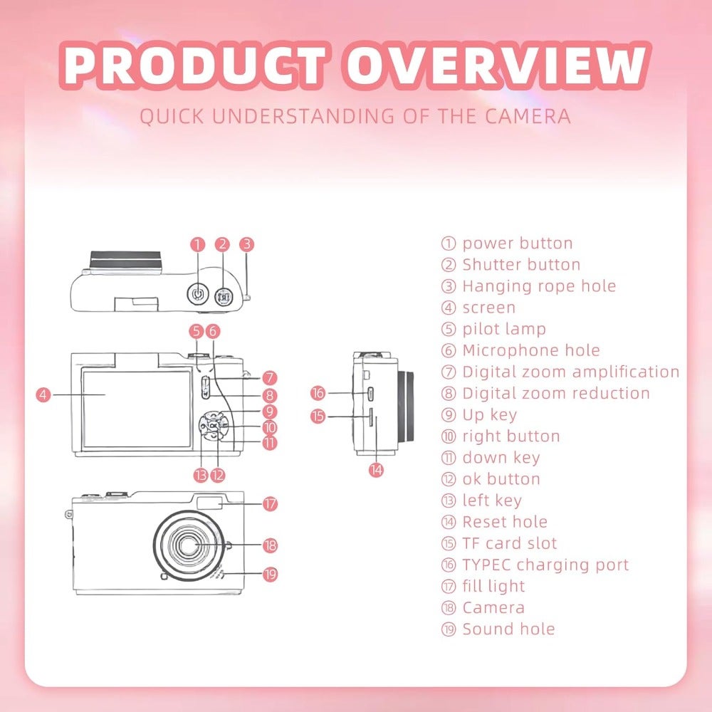 Pink 4K Retro Digital Camera 48MP Selfie Vlog With…