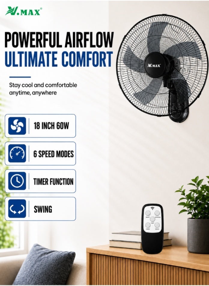 Compare 18 Inch 60W Wall Fan with Remote Control, 6 Speed Modes, Oscillation Swing, Timer Function, 5 Blade Low Noise Air Circulation Fan for Home, Office & Shop, Black at KSA Price
