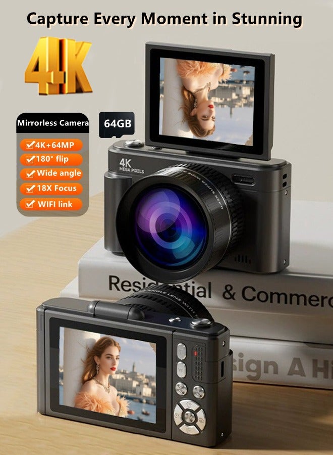 Compare Digital Camera, 4K Vlogging Camera, Kids Camera UHD autofocus 64MP 180 ° flip screen 18X zoom compact pointtopoint shooting video recording camera with wideangle macro lens for YouTube at KSA Price