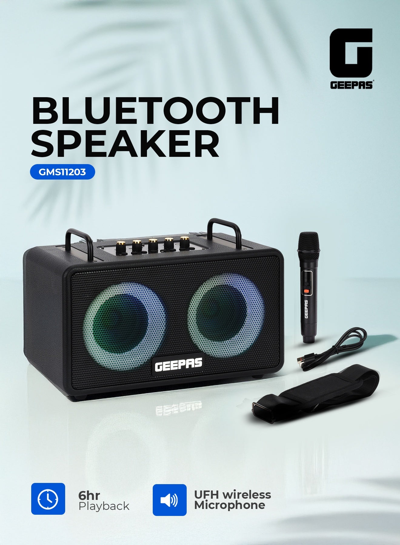 Compare Bluetooth Speaker with UHF Microphone | 56 Hours Playtime, TF, USB, AUX, TWS, Micro SD Cards, MIC | Rechargeable Battery, Enhanced Quality, Simple Sound Control | RGB Light Effects, Perfect for Parties, Picnics, etc.| 2 at KSA Price