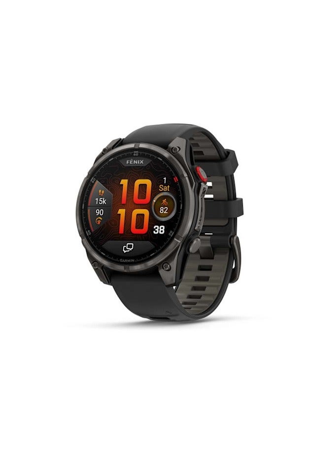 Compare Fenix 8 Pro  51MM  Carbon Gray DLC Titanium with BlackPebble Gray Silcone Band  Up to 15 Days of Battery Life   1.4Amoled Display, sapphire crystal, Heart Rate Monitor, All day stress monitor, Gps tracking, Super bright LED flashlight, iOS and Android compatible black at KSA Price