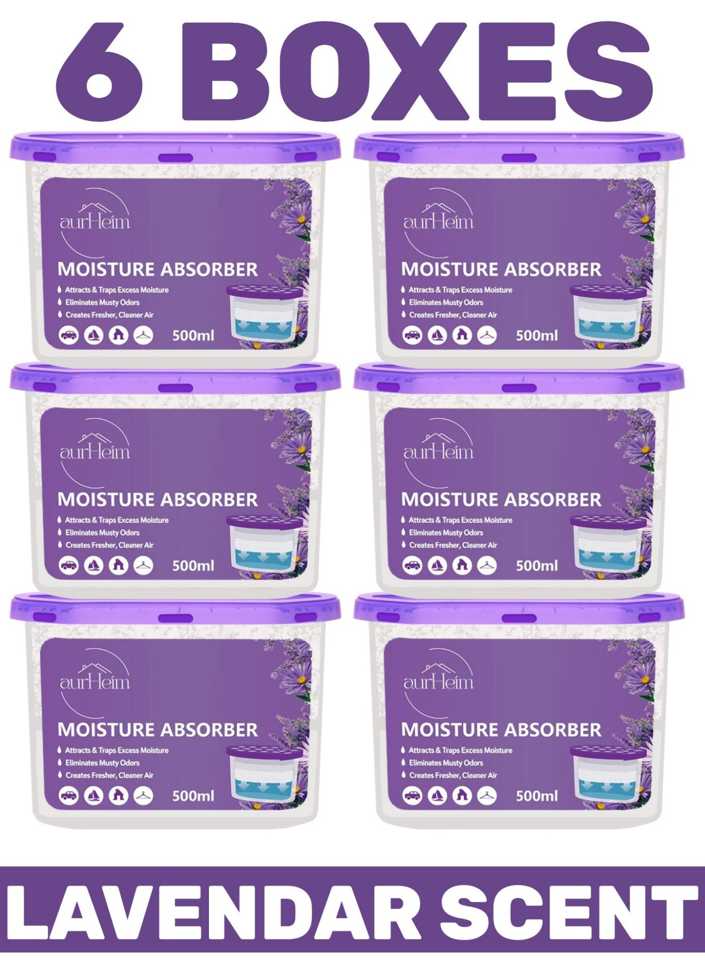 Compare Moisture Absorbers lavender scent box 6 Pack, Dehumidifier Boxes Humidity Absorber in Wardrobes, Bedrooms, Bathrooms 220g pack at KSA Price