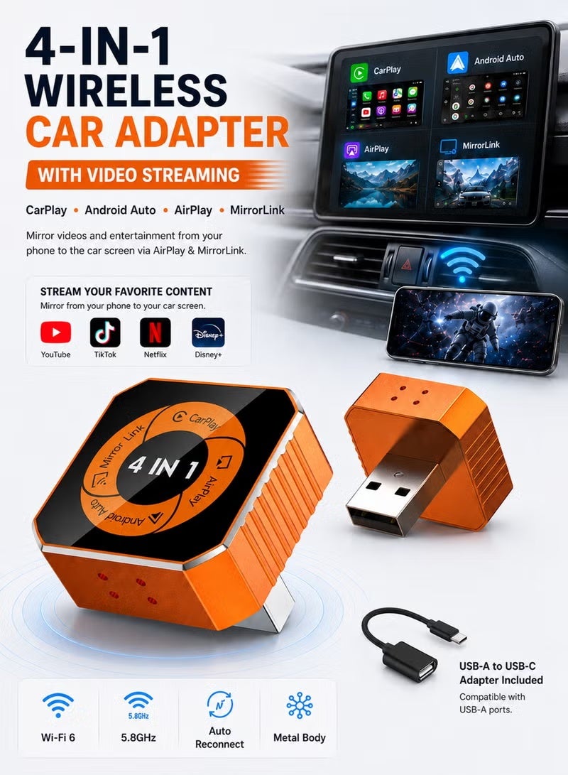 Compare 4in1 Wireless CarPlay & Android Auto Adapter with Video Streaming, New Upgraded Dongle for YouTube, Netflix, TikTok via AirPlay & MirrorLink, Bluetooth 5.3, Plug & Play, Mini Adapter with USBUSBC Port  Fits 98% of Vehicles at KSA Price