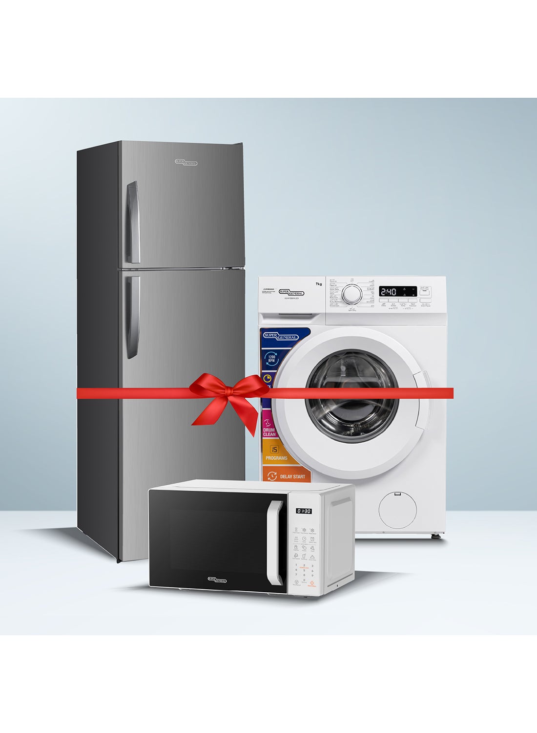 Compare 247 liters Net Double Door Refrigerator SGR365IE + 7 KG front load washing machine SGW7250NLED + 20 liters digital Microwave SGMM922DW SGR365IE+SGW7250NLED+SGMM922DW INOX at KSA Price