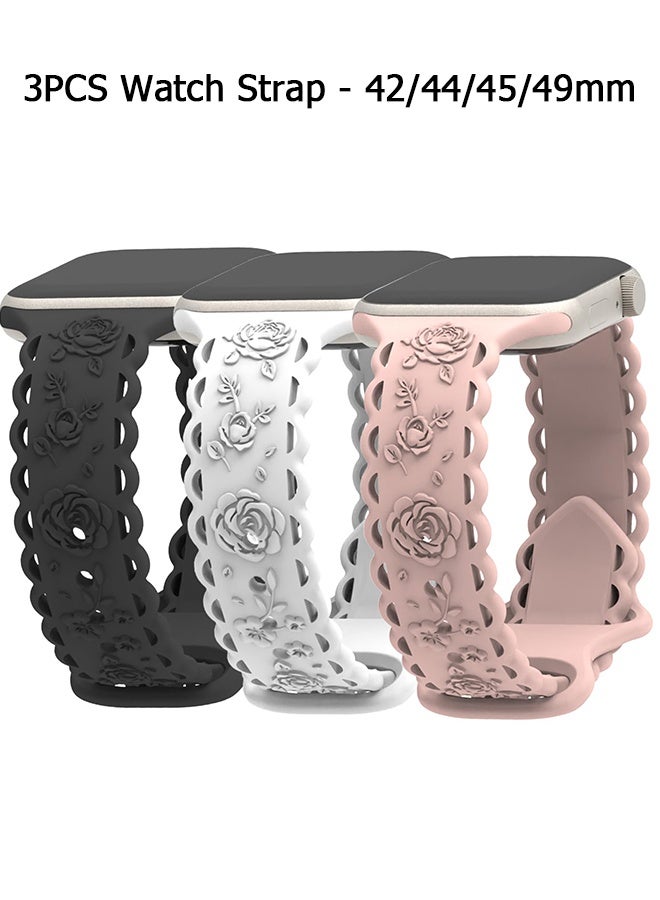 Compare 3 Pack Rose Engraved Bands  Compatible with Apple Watch Straps  42mm 44mm 45mm 49mm Women Men Watch Straps  Soft Silicone Strap Replacement Watchbands for iWatch Ultra Series 9 8 7 6 5 4 3 2 1 SE（4244454649mm） BlackWhitePink at KSA Price
