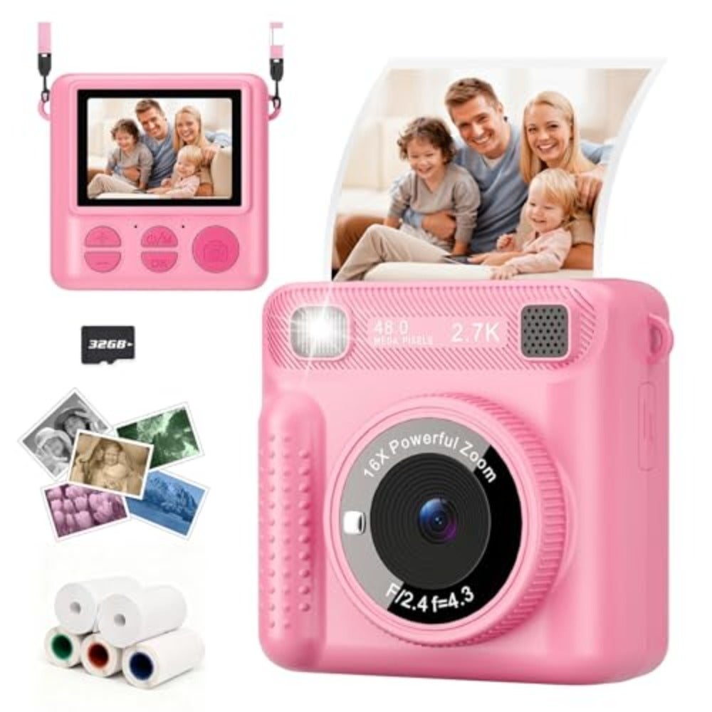 Compare Camera, 1080P HD Digital Camera with Printing Paper For Ages 312 Portable Lightweight Design Pink Blue Yellow Options Builtin Rechargeable Battery 32GB Storage at KSA Price