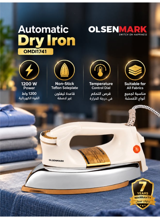Compare Olsenmark Automatic Dry Heavy Duty Iron 1200W, Nonstick Teflon Soleplate 60 Microns, Comfortable Handle, Multiple Functions, Fabric Guide, Adjustable Temperature Setting Dial, Dry Iron for All Fabrics, Clothes Ironing Box, Powerful Heavy Duty Iron, 7 Years Warranty 1200 W OMDI1741 WhiteSilverGold at KSA Price