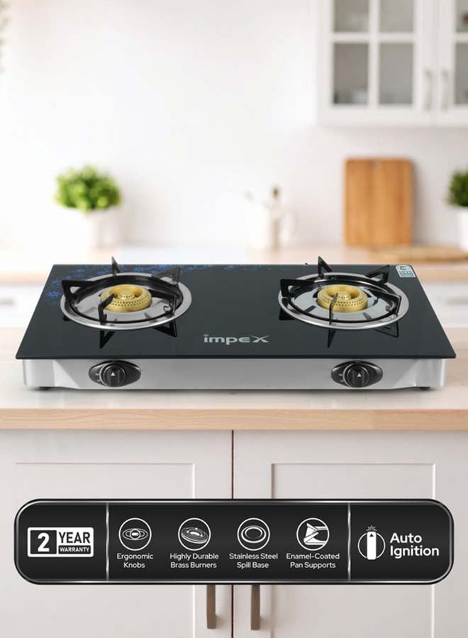 Compare 2 Burner Glass Top Gas Stove with Auto Ignition  IGS 1214F, Toughened Glass, Stainless Steel Spill Tray & Pan Support – High Efficiency Blue Flame, Ergonomic Knobs, L Shape Gas Inlet Kitchen Food Fast Cooking, 2Year Warranty IGS 1214F BlackSilver at KSA Price