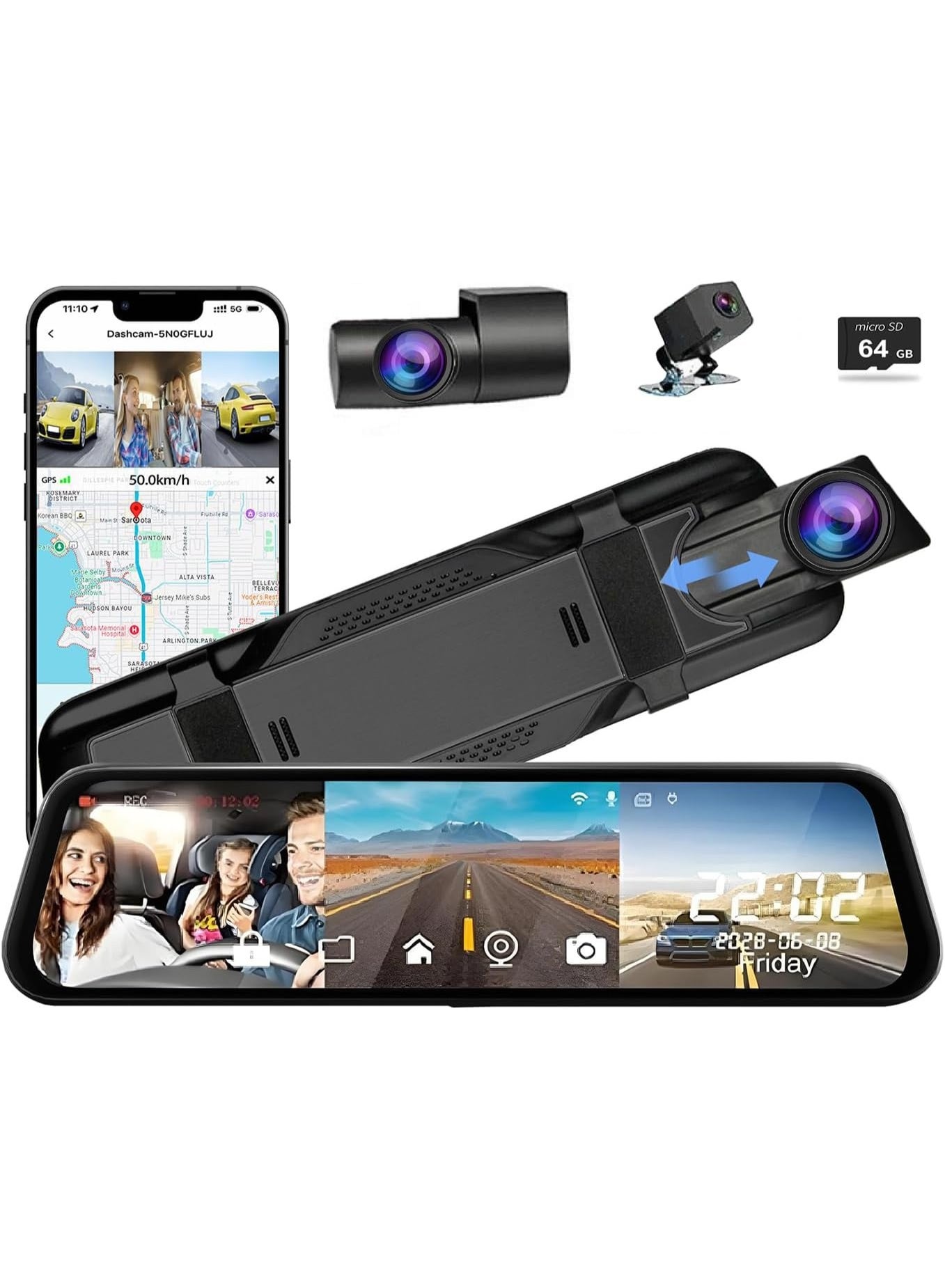 3 Channel Mirror Dash Camera for Cars, 10