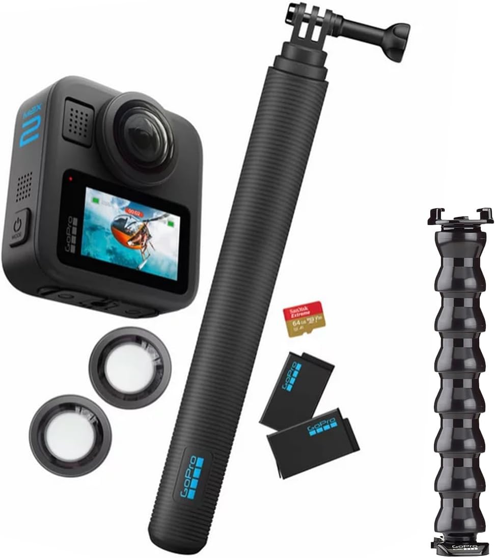 Compare GoPro MAX2 360 Accessories Bundle Camera Bundle PLUS, True 8K Video, 29MP Photos, Extension Pole, Extra Battery, 64GB SD Card, Lens replacement Kit, Gooseneck  with Official GoPro UAE Warranty at KSA Price