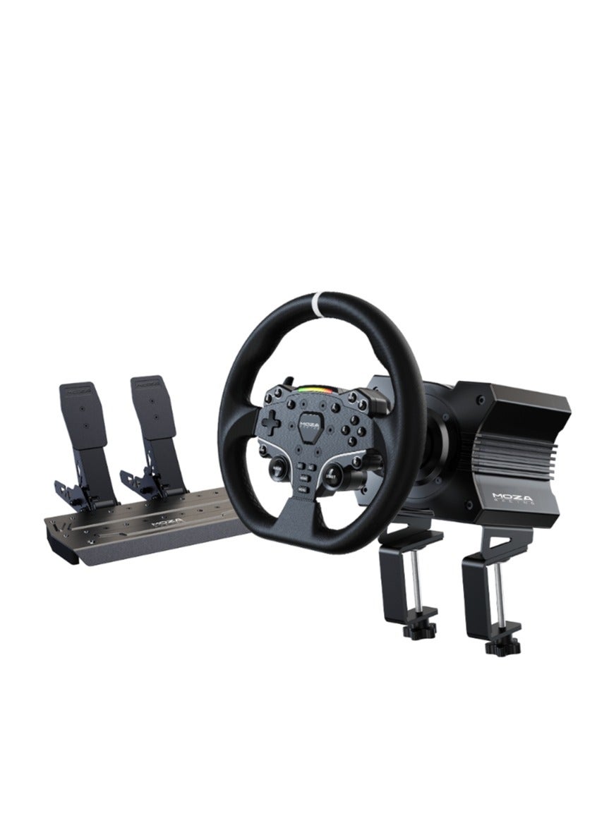 Compare MOZA R5 Racing Bundle – 5.5Nm Direct Drive, Aluminum & Leather, Adjustable Pedals, Black at KSA Price