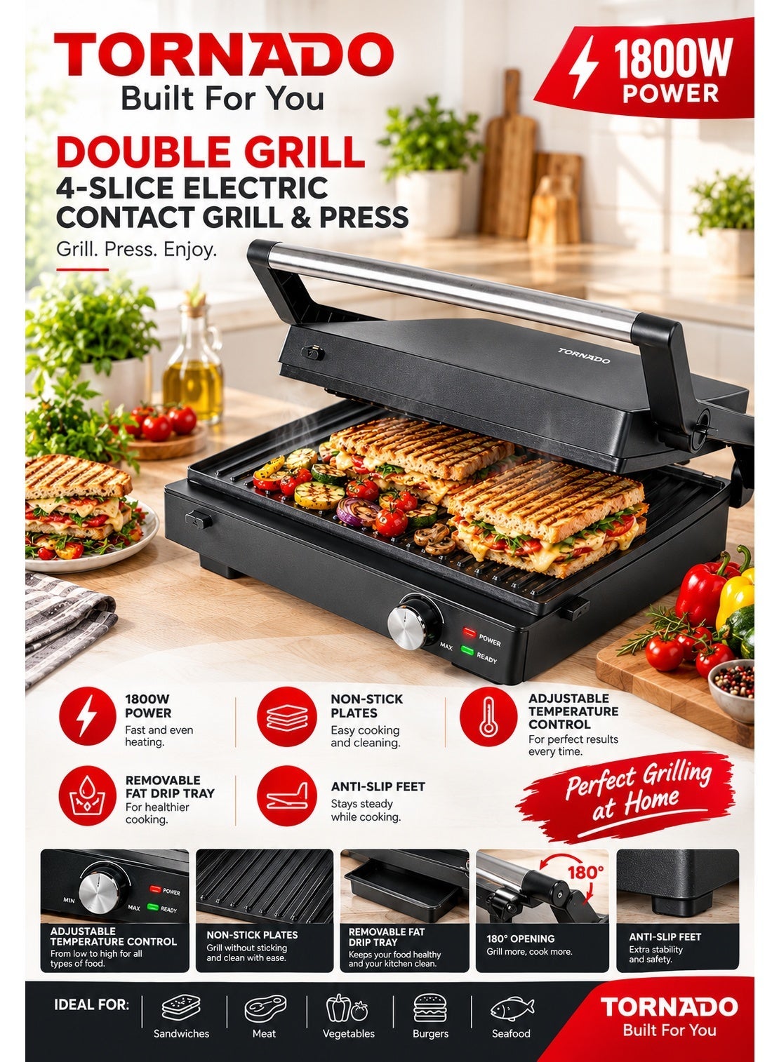 Compare 1800W TORNADO Electric Contact Grill & Press 4Slice, NonStick Plates, Removable Drip Tray  TGC5408GS  1Year Free Warranty at KSA Price