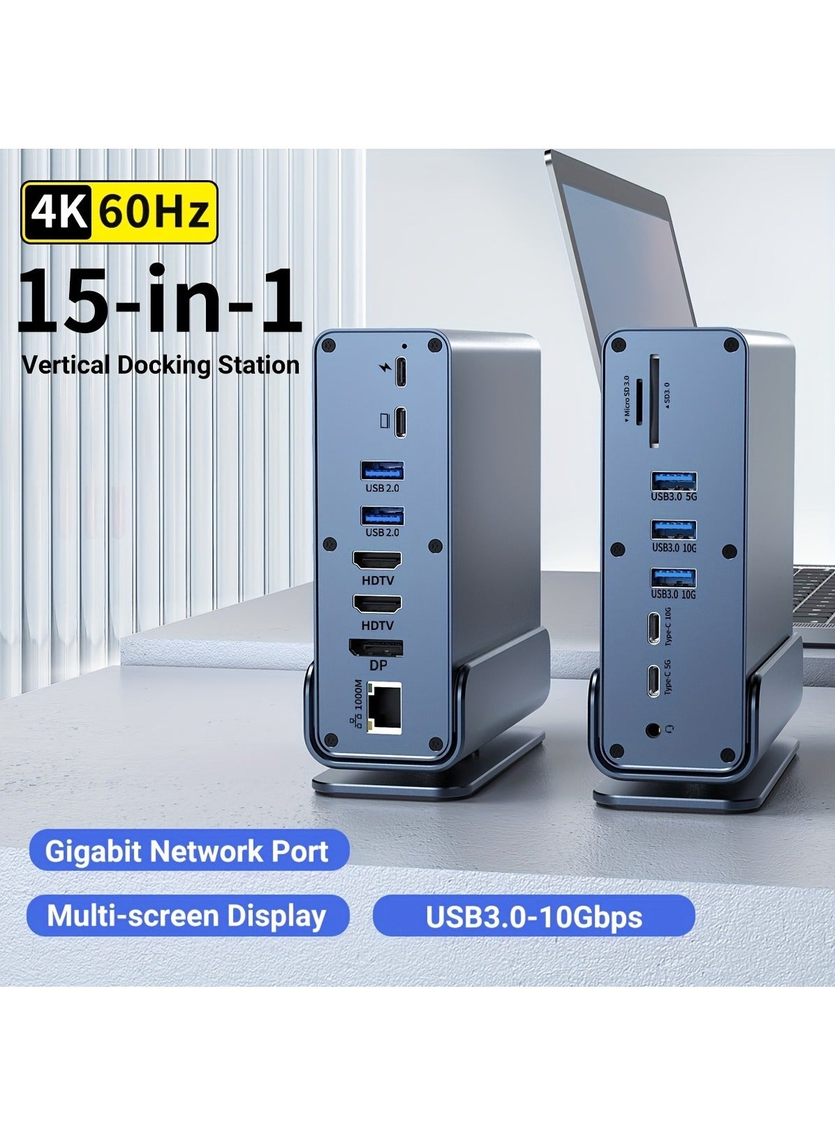 Compare 15 In 1 USBC Docking Station, Type C Hub, MultiPort Vertical Laptop Hub With Removable Base Support RJ45 1000M, USB 3.02.0, PD 100W Fast Charging, Audio 3.5mm, SDTF for Laptop Tablet Smartphone at KSA Price