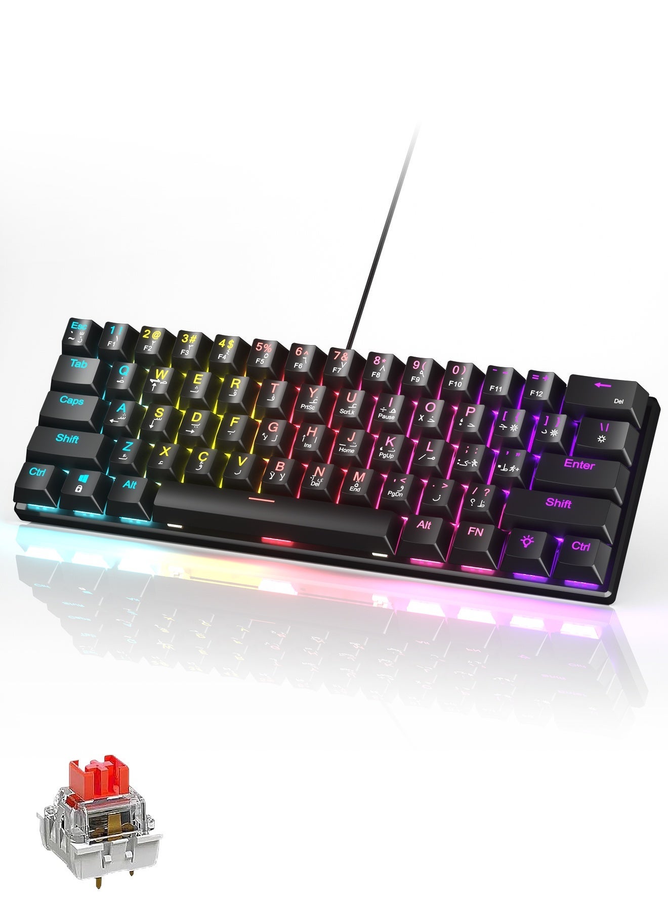 Compare 61Key English Arabic Mechanical Keyboard, Red Switch Hybrid Light Compact Mini Wired Keyboard for PC, Mac Esports Portable Gaming Keyboard  Black Keyboard at KSA Price