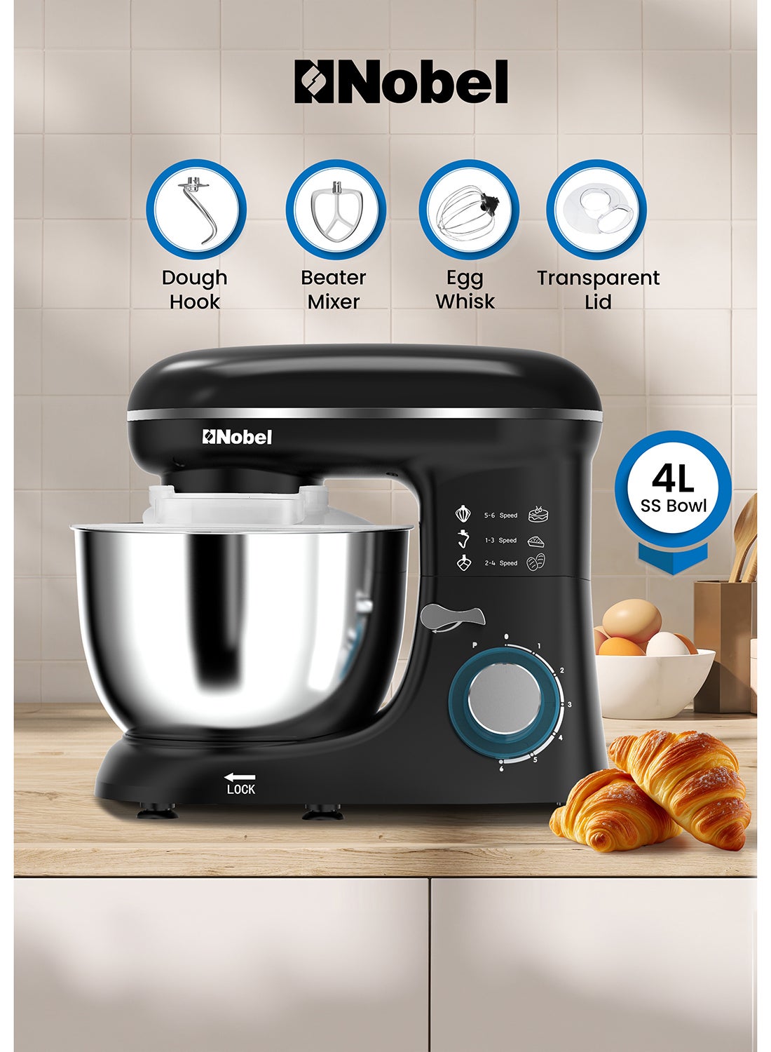 Compare Stand Mixer, Full Metal Gear System, 4L Stainless Steel Bowl  6 Speeds, LED, Safety Switch, Antislip Feet 4 L 800 W NBM60 Black at KSA Price