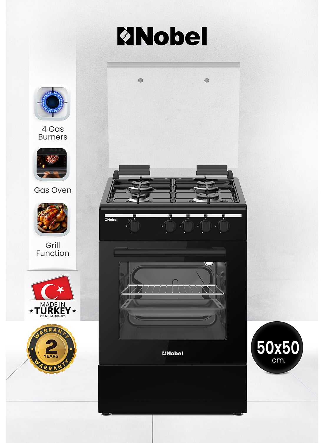 Compare 50x50 Gas Cooker with 4 Gas Burners, Gas Oven, Flame Failure Device, Black Enamel Top Plate, Euro Pool Type Hob, Made in Turkey, One year Warranty NGC5000BK Black at KSA Price