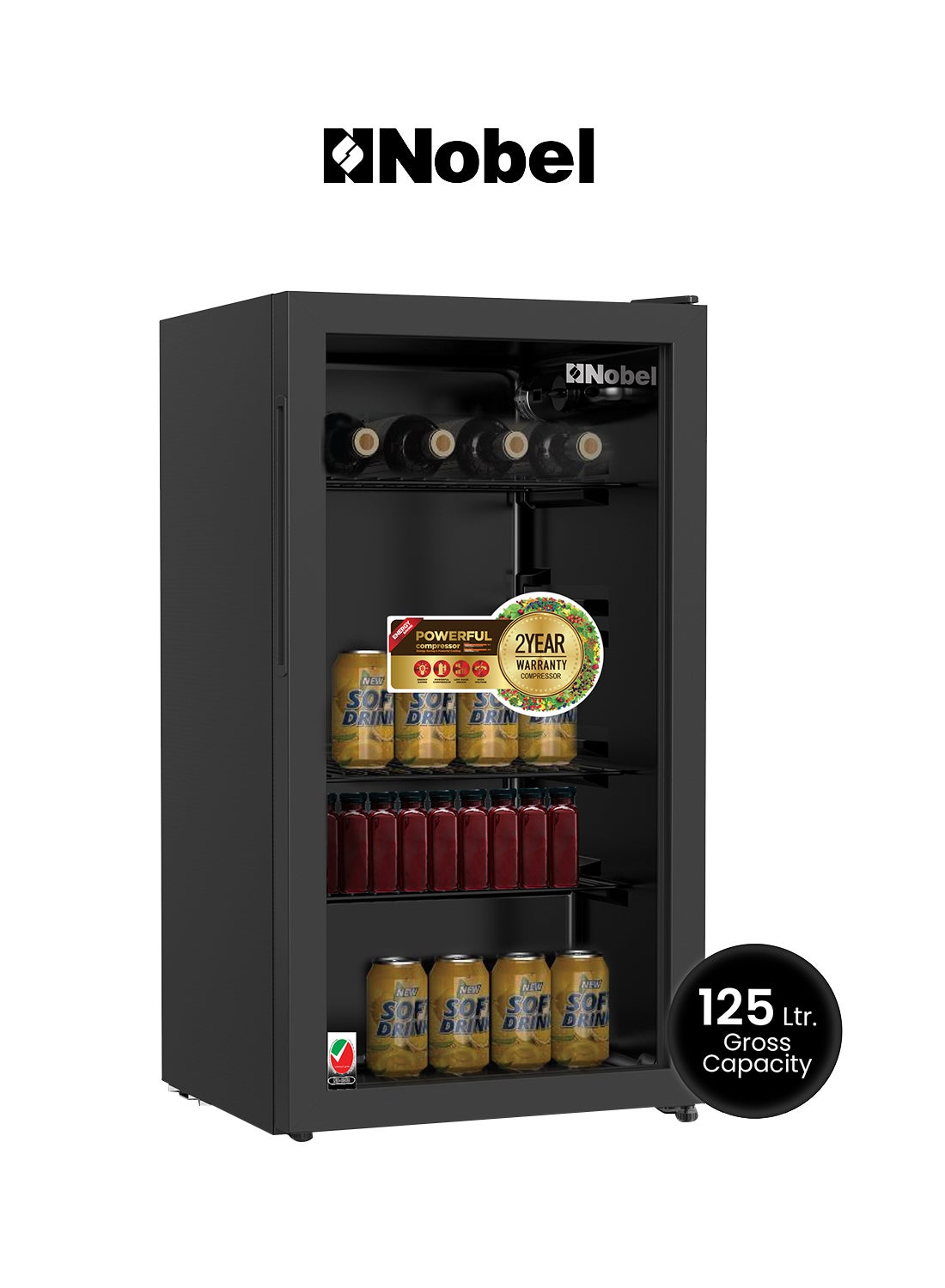 Compare 125L Gross 85L Net Capacity Bottle Chiller Single Glass Door, Mechanical Control, LED Light, Adjustable Temperature, Energy Efficient, R600a Refrigerant 125 L 85 W NBC125RH Black at KSA Price