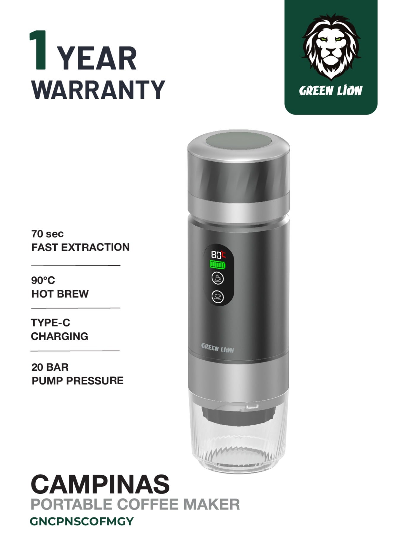 Compare Campinas Portable Coffee Machine 80mL Water tank with LED Display and 90°C Heating Temperature 72W  150mL Coffee Cup  20 Bar Pump Pressure  Portable Coffee Maker  Travel Coffee Cup  Grey at KSA Price