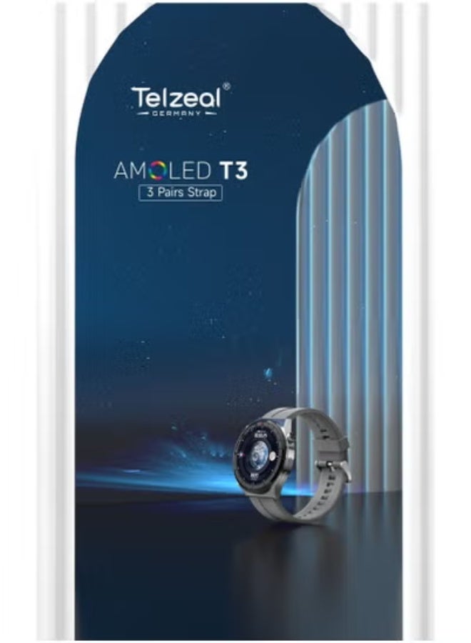 Compare AMOLED T3 Smart Watch with Large Round Screen Display – MultiFunction Fitness Tracker with Heart Rate Monitor, Sports Modes, Call & Message Alerts – Includes 3 Interchangeable Straps – Sleek Stylish Design for Men & Women – Android & iOS Compatible at KSA Price