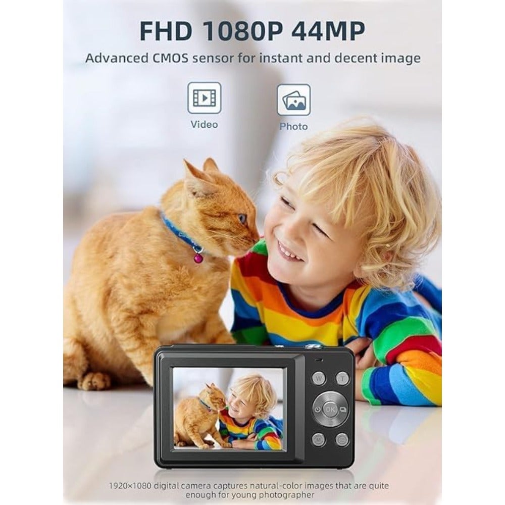 Compare Digital Camera, FHD 1080P Camera 44MP Point and Shoot Digital Cameras with 32GB SD Card, 16X Zoom, Two Batteries, Lanyard, Compact Small Camera for Boys Girls, Black at KSA Price