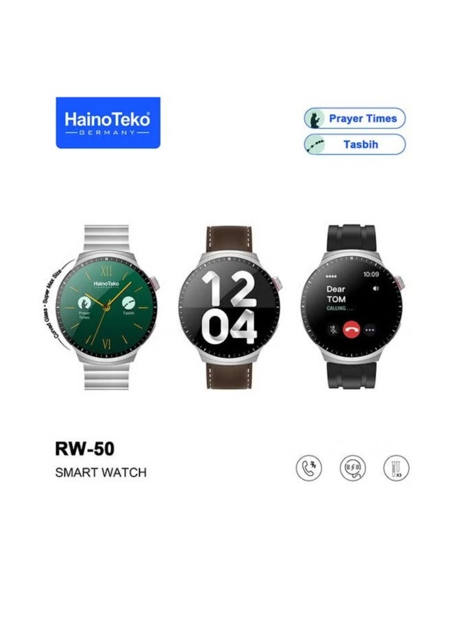 Compare RW50 Super Max Size Round Shape Curved AMOLED Display Smart Watch for Gents & Boys – 3 Pair Straps, Stylish Silver Design, Fitness & Health Tracking, Smart Connectivity at KSA Price