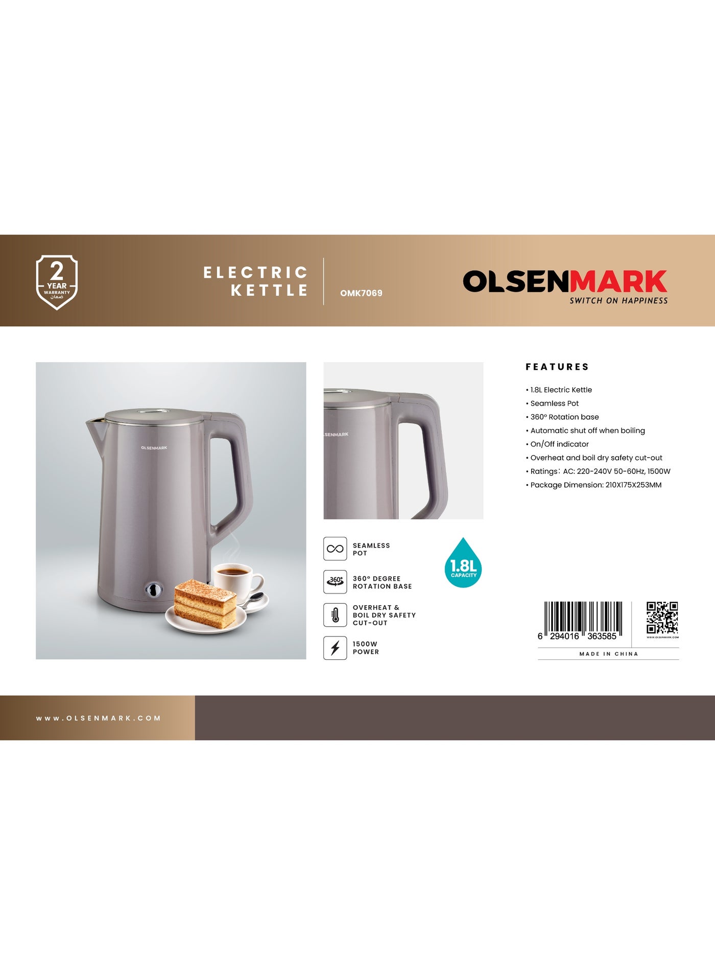 Compare Electric Kettle – Fast Boil, 360° Cordless Base, Auto Safety CutOff, Dry Boil & Overheat Protection, FoodSafe Material, Grey | 2 Years Warranty  1.8 L 1500 W OMK7069 Grey at KSA Price