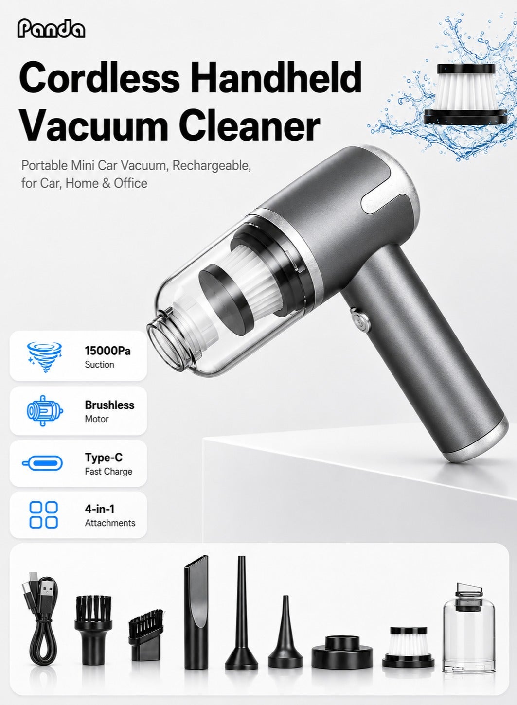 Compare Cordless Handheld Vacuum Cleaner, Portable Mini Car Vacuum, 4in1 Air Blower and Vacuum Pump, 15000Pa Suction, Brushless Motor, TypeC Fast Charge for Car, Home and Office at KSA Price