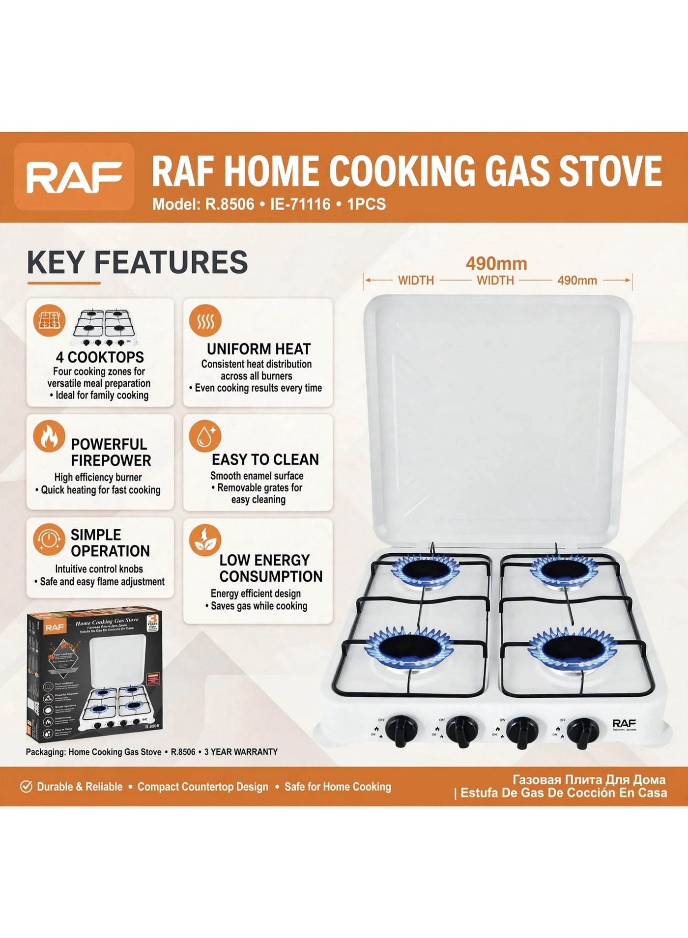 Compare RAF Table Top Gas Stove R.8506 Four Burners Home Cooking Gas Stove 490mm Portable Cooktop With Cover Lid White Color Powerful Firepower Low Energy Consumption Uniform Heat Simple Operation Easy Cleaning Kitchen Cooking Appliance at KSA Price