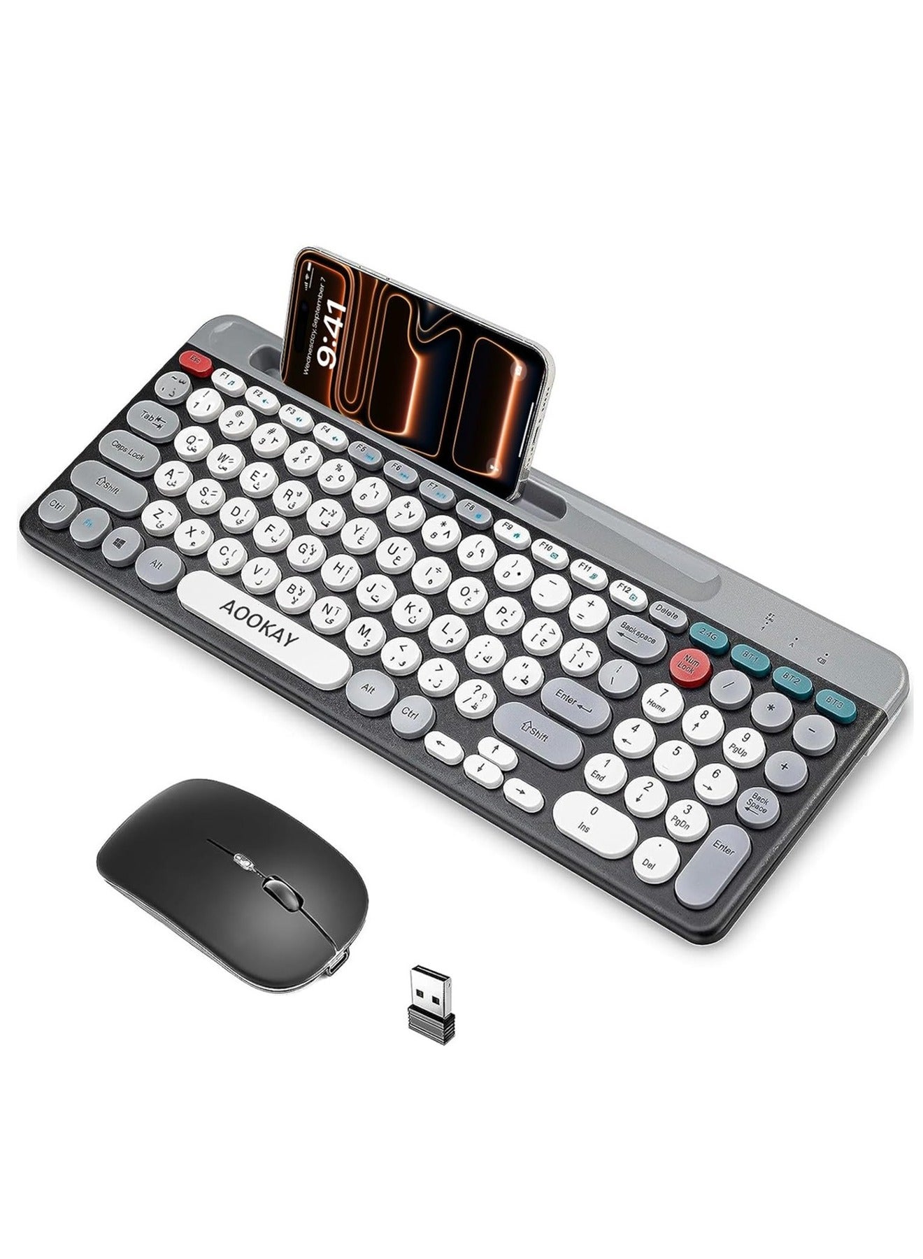 Compare Arabic & English Wireless Keyboard and Mouse Combo, MultiDevice Bluetooth+2.4G Keyboard Mouse with Phone Tablet Holder, FullSized Typewriter Cordless Keyboard and Mouse for ComputerLaptop Black at KSA Price