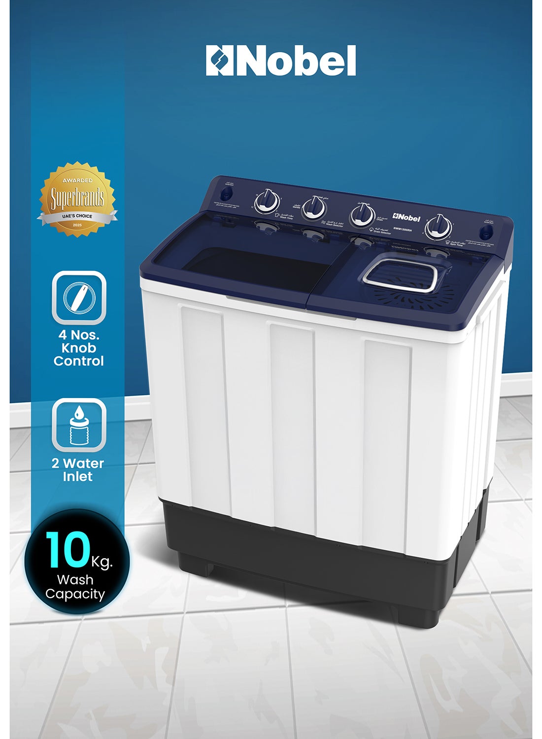 Compare 105 Kg Twin Tub Washer Dryer with 10KG washer and 5KG spin capacity, 1300 RPM, ABS Control Panel, PP Pulsator, Dual Timer, HeavyRegular Wash, Transparent Lid, Lint Filter 10 kg 1 Year Warranty 10 kg NWM1200RH Whit at KSA Price
