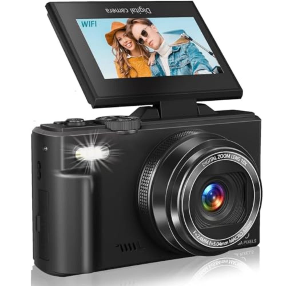Compare 5K Digital Camera WiFi 75MP Point and Shoot Camera with 18X Zoom AntiShake 3 180 Flip Screen Compact Travel Camera with Flash for Adult Beginners Includes 2 Batteries + 32GB SD Card Black at KSA Price