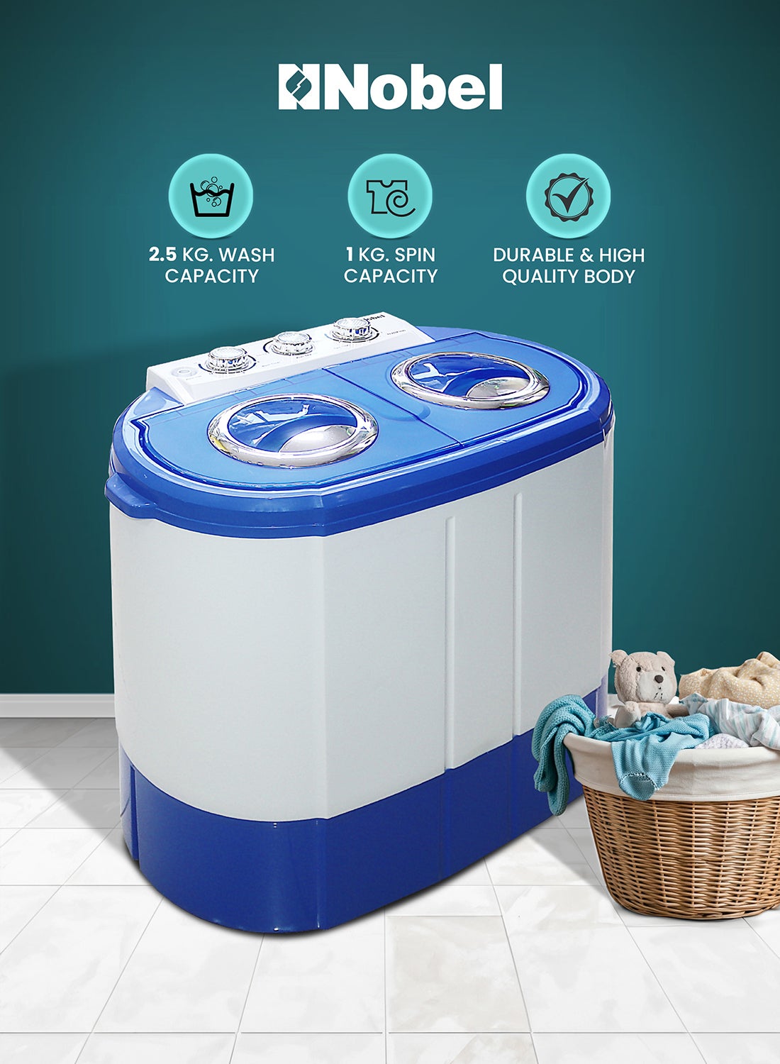 Nobel 3kg Wash / 1kg Spin Capacity Compact Semi-Automatic…