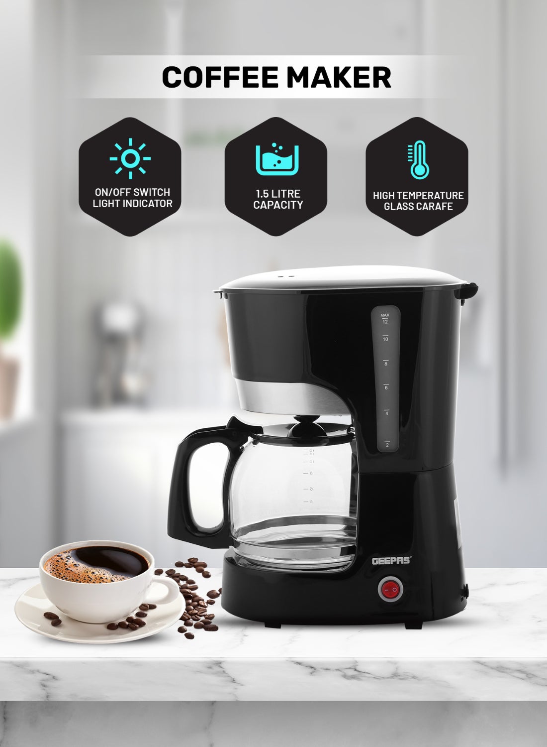 Compare Coffee Maker, Filter Coffee Machine, | High Temperature Glass Carafe | Keep Warm & AntiDrip Function | Reusable Filter | On Off Switch with Indicator Light 1.5 L 850 W GCM6103 BlackClear at KSA Price