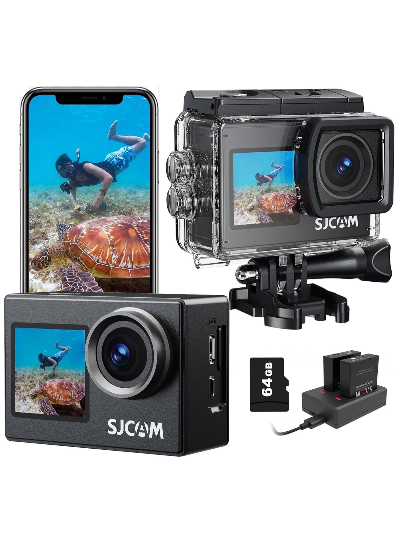 Compare Upgraded SJ4000 Action Camera Dual Screen 4K30FPS Ultra HD Underwater Camera Waterproof 170° WideAngle Motorcycle Helmet Camera with Stabilization, 2 Batteries and Accessories, 64G Card at KSA Price