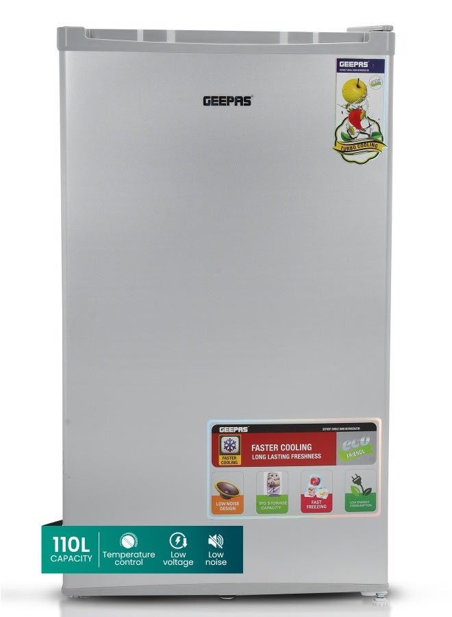 Compare 110L Gross 92L Net Capacity, Direct Cool Single Door Defrost Refrigerator With Silver Finish, Recessed Handle, Glass Shelves, Transparent Door Basket, Adjsutable Front Wheel, Lock & Key, Low Noise GRF119SPE Silver at KSA Price