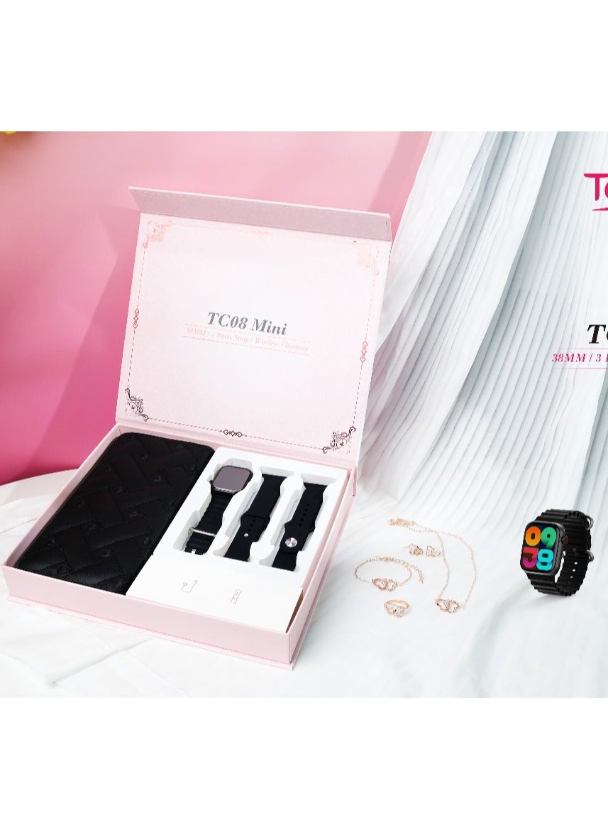 Compare TC 08 Mini Smart Watch With 3 Pair Strap Hand Bag Earing Ring And Chain For Ladies Black at KSA Price