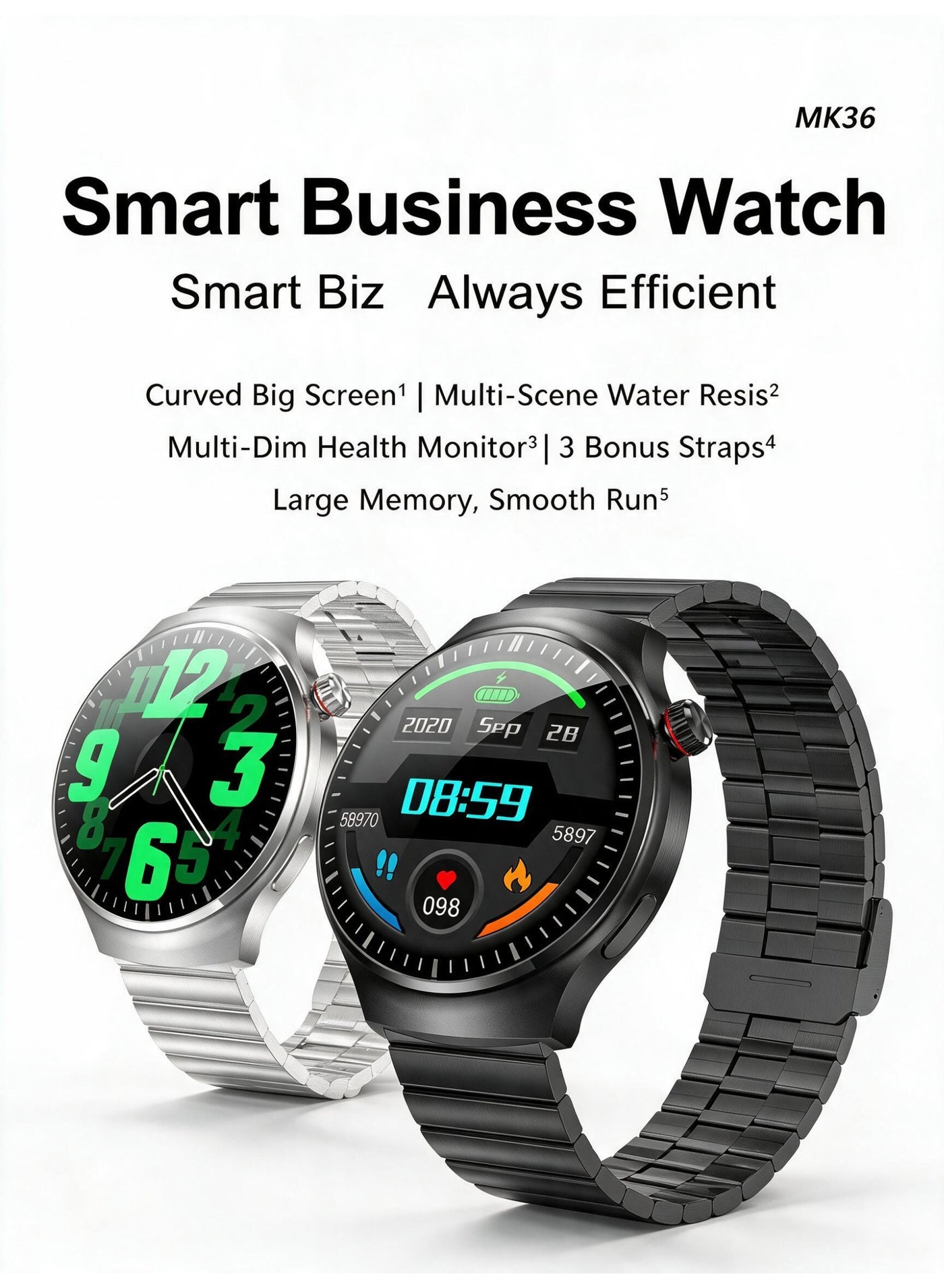 Compare MK36 Smart Business Watch 1.53inch Curved AMOLED HD Screen Bluetooth Calling IP68 Waterproof Smartwatch with 3 Bonus Straps  Black at KSA Price