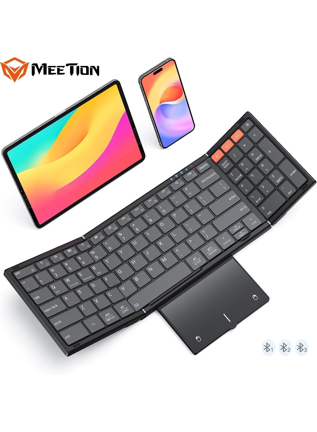 Compare MEETION New Foldable Bluetooth BTK9550 Keyboard with Touchpad, Portable Wireless Keyboard with Numeric Keypad, FullSize Rechargeable Business Travel for iPad Phone Laptop PC iOS at KSA Price