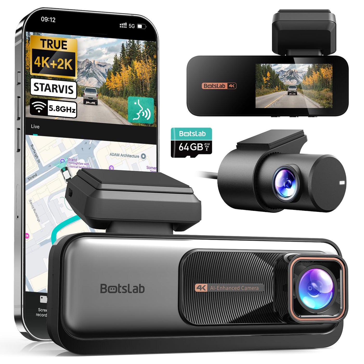 Compare BOTSLAB 4K Dash Cam Front and Rear, Voice Control, ADAS, WDR, 64GB Card at KSA Price