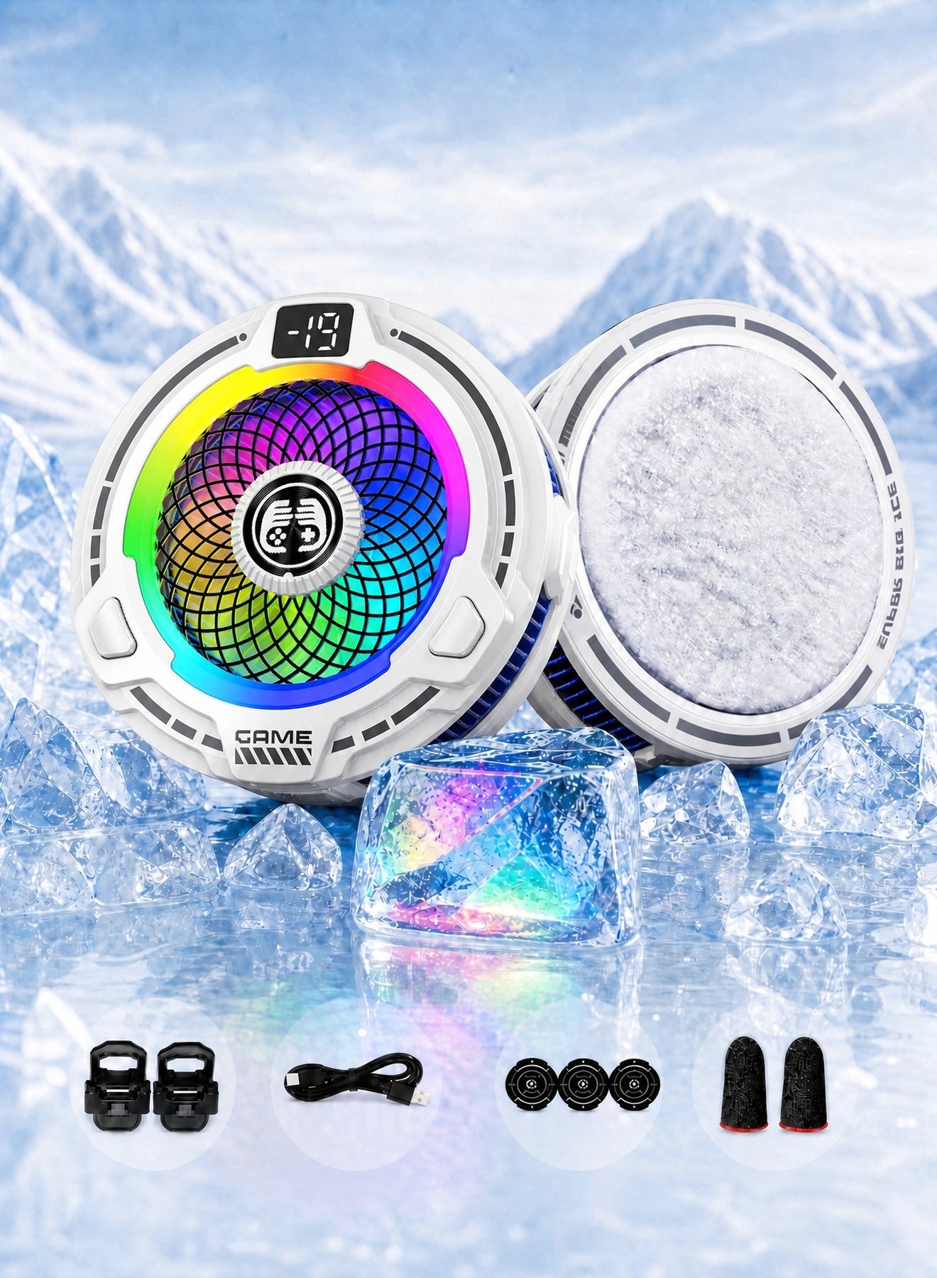 Compare Magnetic Phone Cooler with AI Temperature Control, 3Speed Ice Cooling Fan, Colorful RGB Light, Digital Temperature & Power Display, ClipOn Support for Mobile Gaming, Game Live Broadcast, White at KSA Price