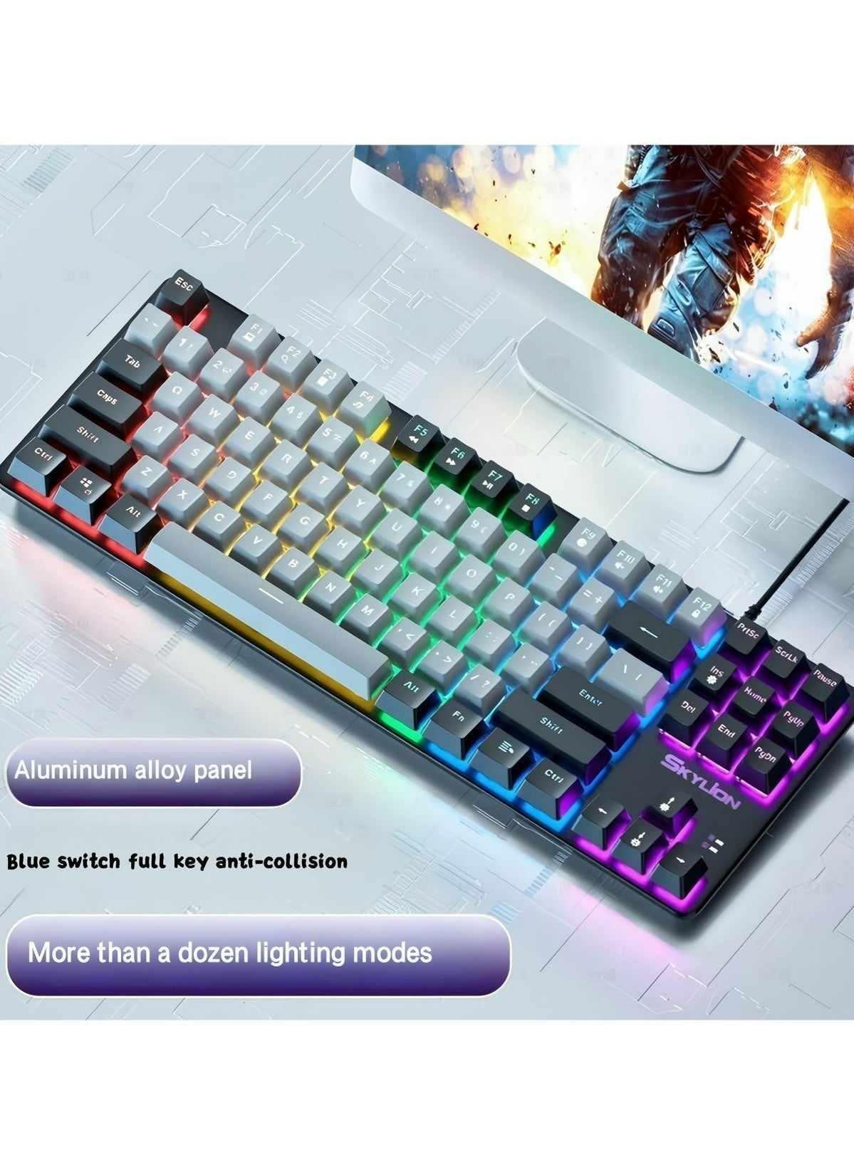 Compare Keyboard Arabic English Mechanical Gaming Keyboard USB Wired Mechanical Keyboard,Ergonomic RGB LED Backlit 87% Computer Keyboard Antighosting, SplashProof, Ideal for PCMac Gamers Blue Switches at KSA Price