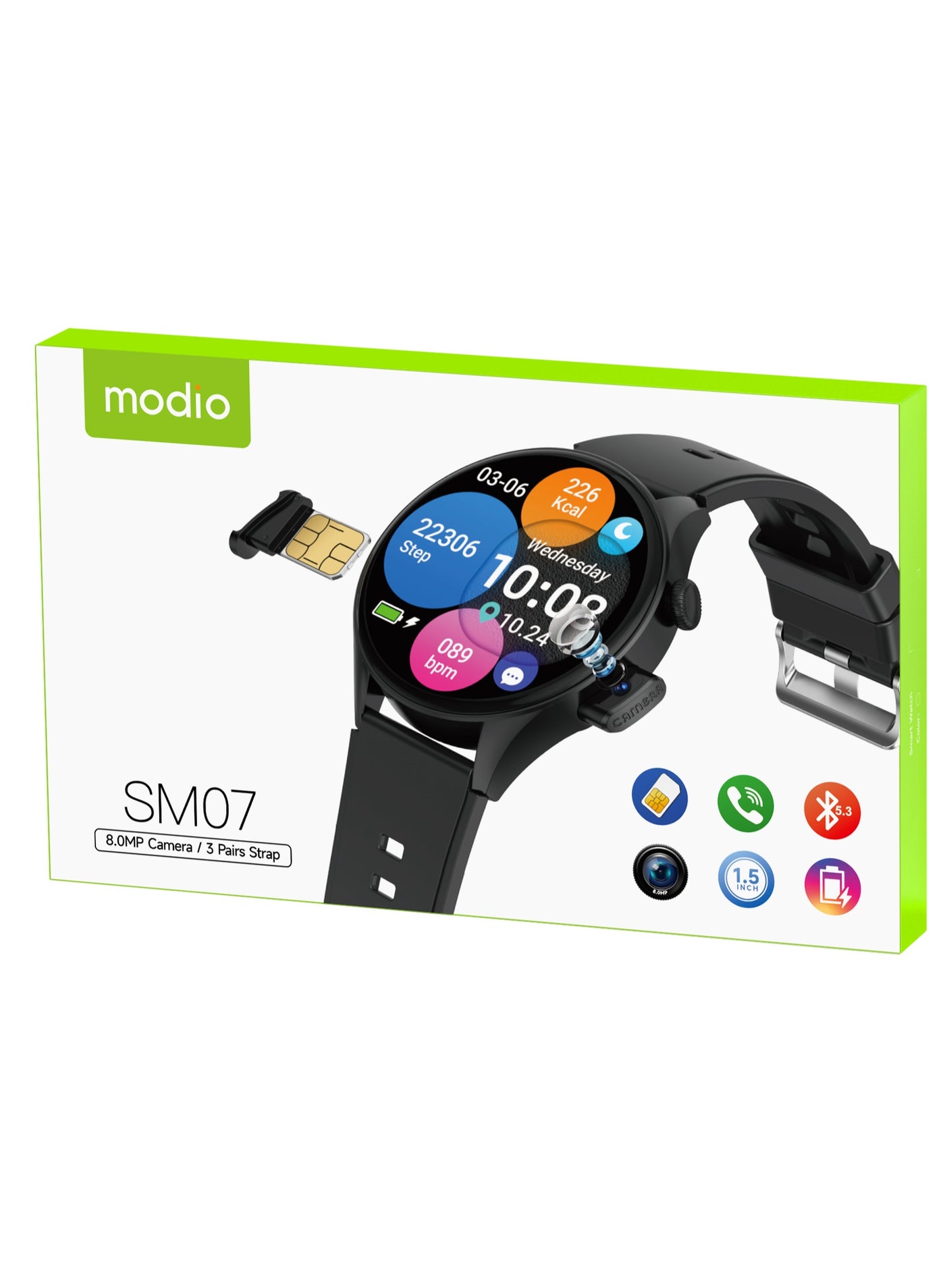 Compare Modio SM07 Smartwatch with 1.5 Inch Full Touch Display SIM Card Slot 8MP Camera 3 Pair Straps and Charging Cable Designed for Ladies and Gents Silver at KSA Price