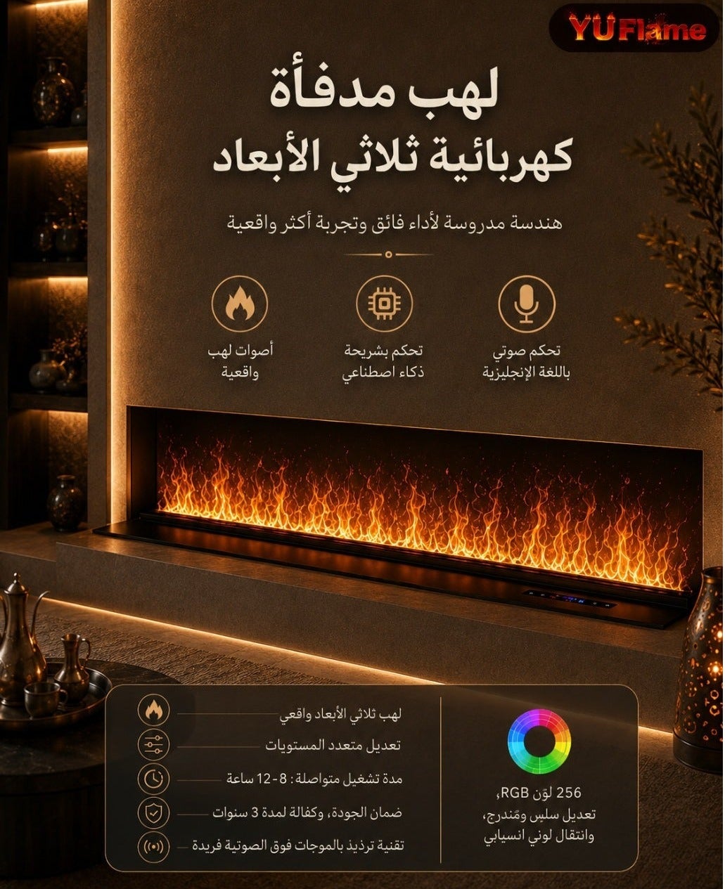 Compare Luxury 3D Electric Fireplace ? Experience a realistic flame effect with advanced technology and an elegant design for modern homes.  Enjoy a lifelike 3D flame display, smart AI control, voice operation, multiple RGB color options, and adjustable lighting effects — creating a warm, luxurious, and stylish atmosphere for your home at any moment. at KSA Price
